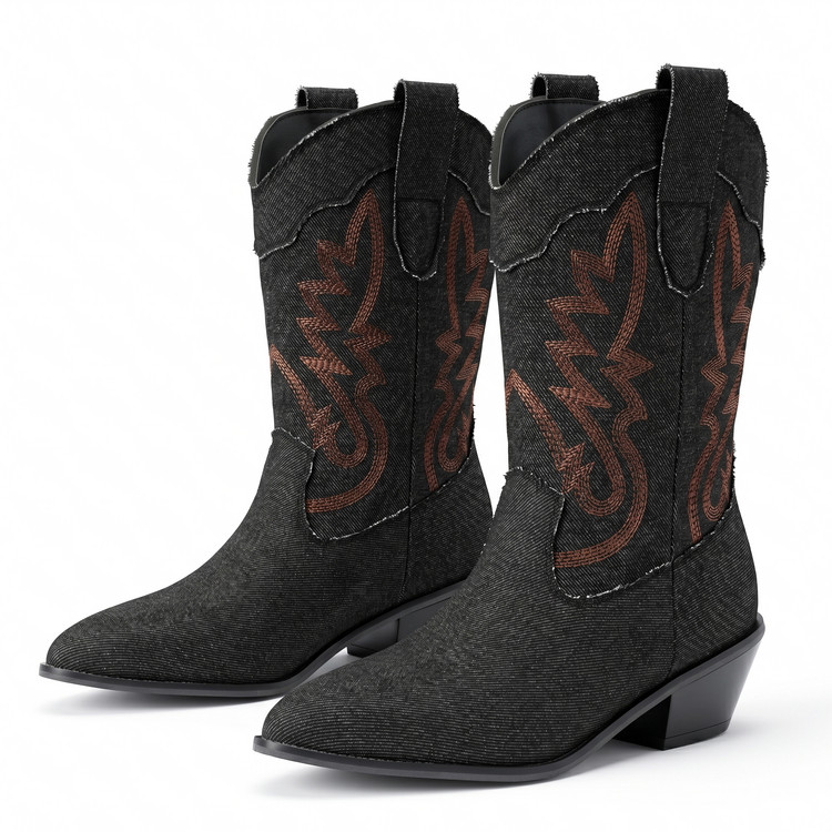 Women’s Western Cowboy Boots with Embroidery and Color Block Design